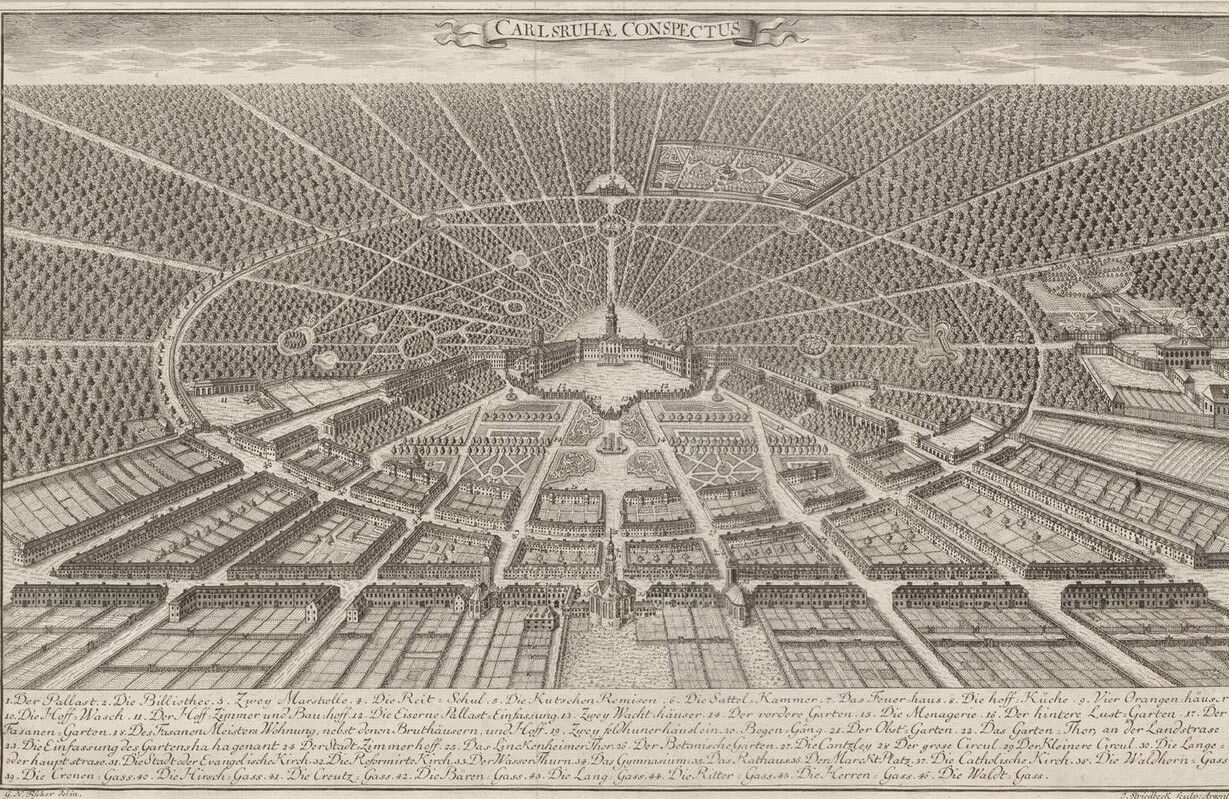 Kupferstich "Carlsruhae conspectus" (Ausschnitt; J-B Karlsruhe 116),  Quelle: Landesarchiv Baden-Württemberg, Abt. Generallandesarchiv Karlsruhe